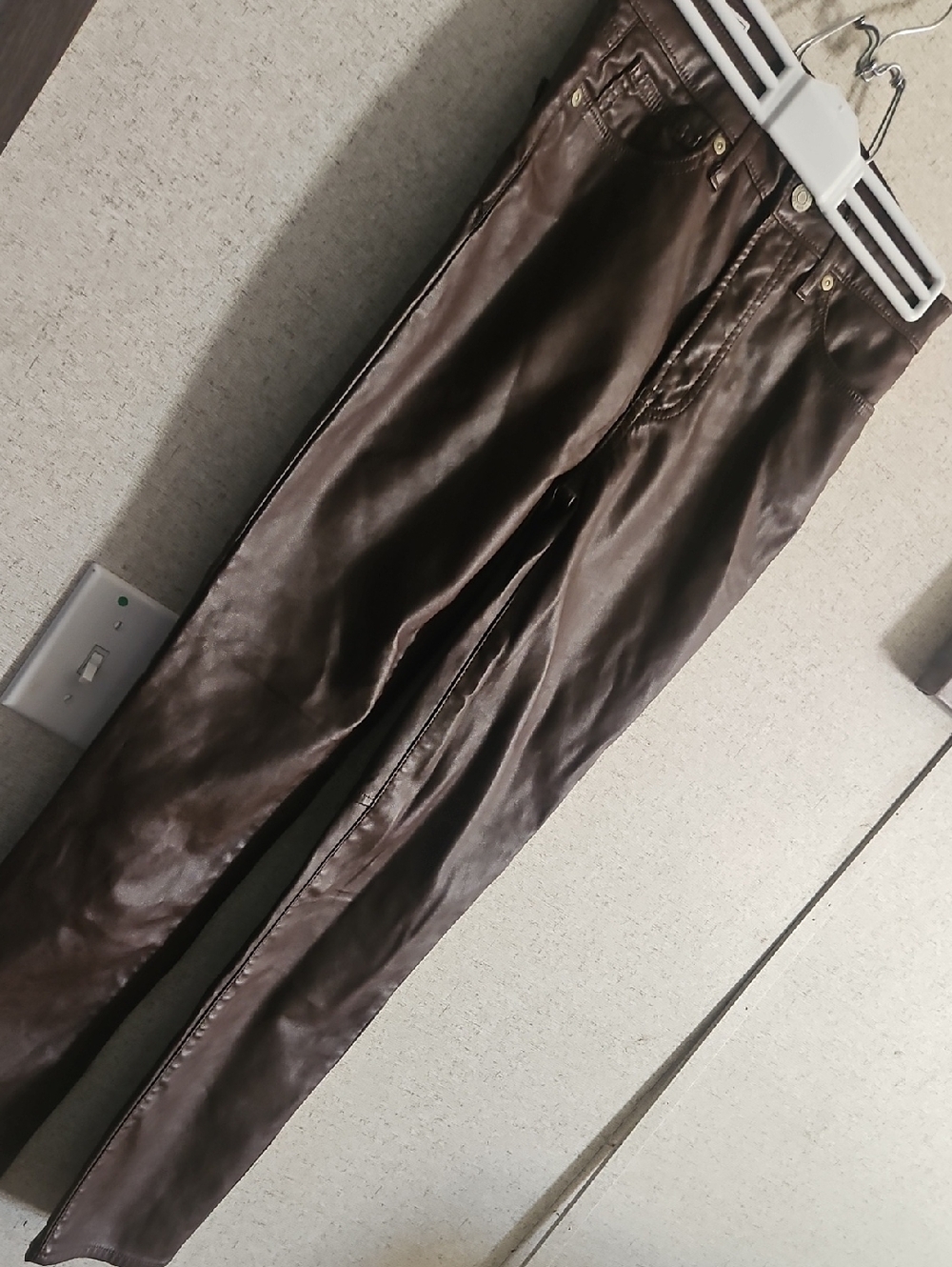 Womens Brown Leather-look Slim Pants